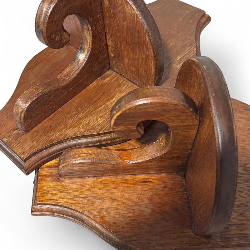Vintage Wooden Wall Sconces Pair Scroll Bracket Hanging Display Shelves Walnut